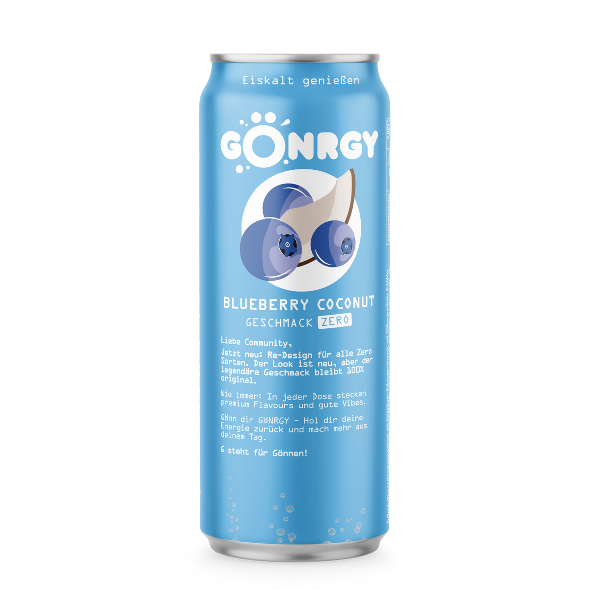 Gönrgy Blueberry Coconut Zuckerfrei 500ml Dose – Rückseite